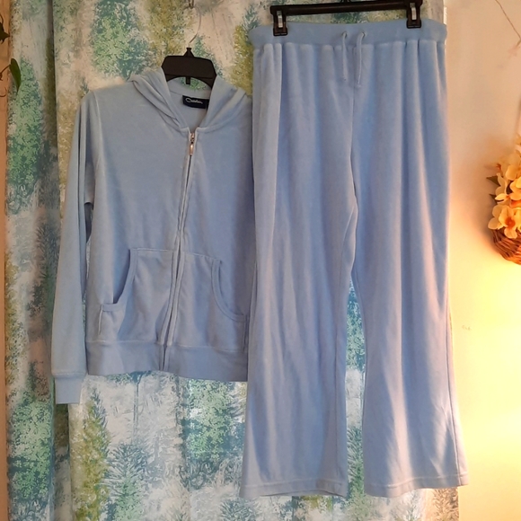Cherokee light blue velour jumpsuit med top and petite large pants - Picture 1 of 6
